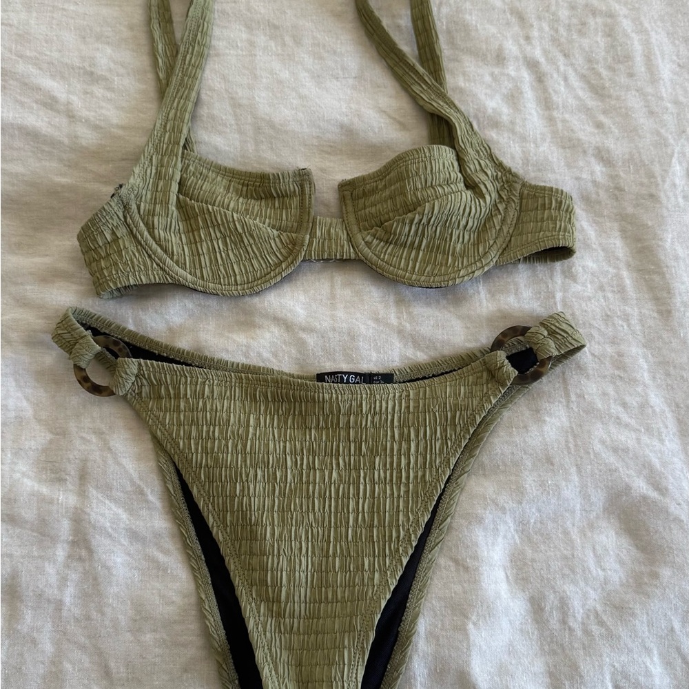 Nasty Gal Green Textured Bikini Set